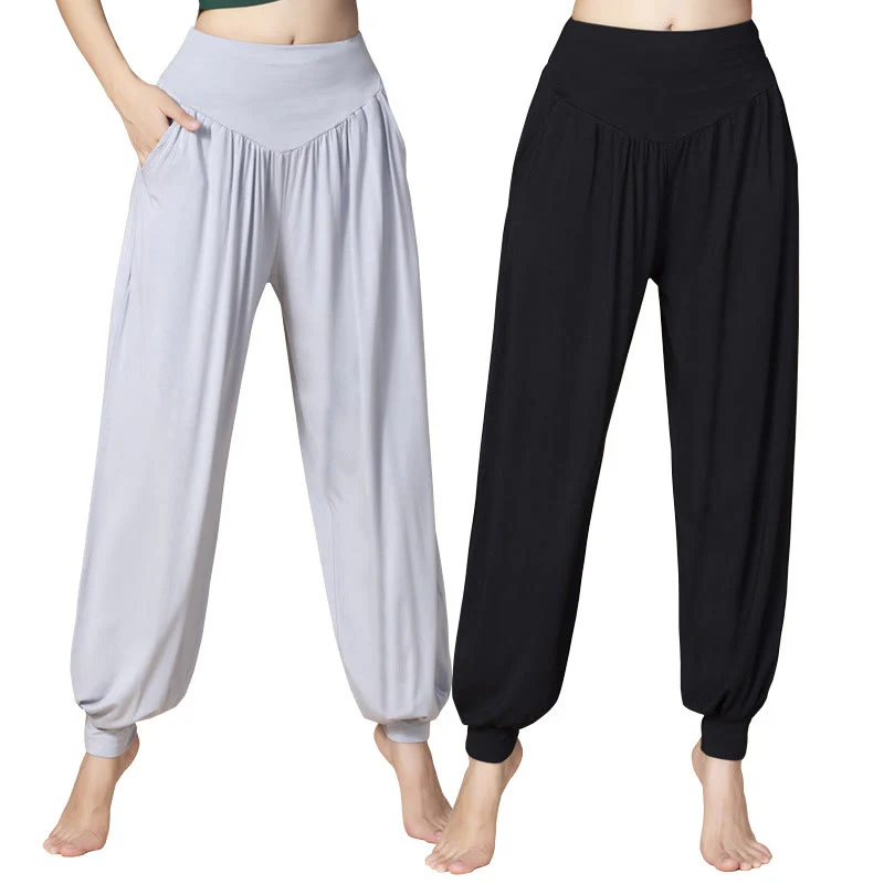 Pantaloni harem a vita alta con tasche, in modal tinta unita, per yoga e danza, Buddha Stones - Image 25