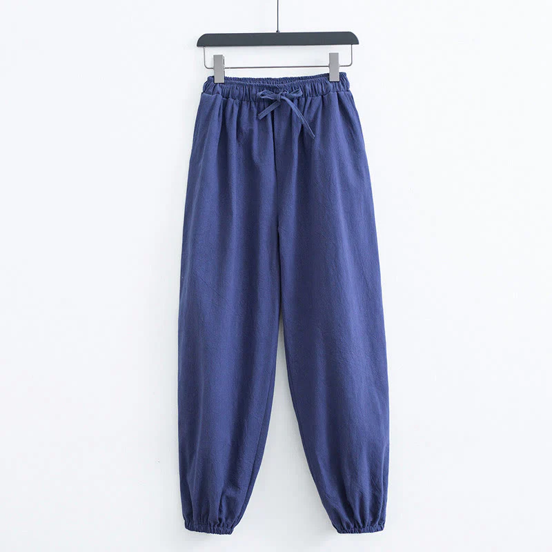 Pantaloni harem casual da uomo in cotone e lino tinta unita con tasche , Buddha Stones - Image 10