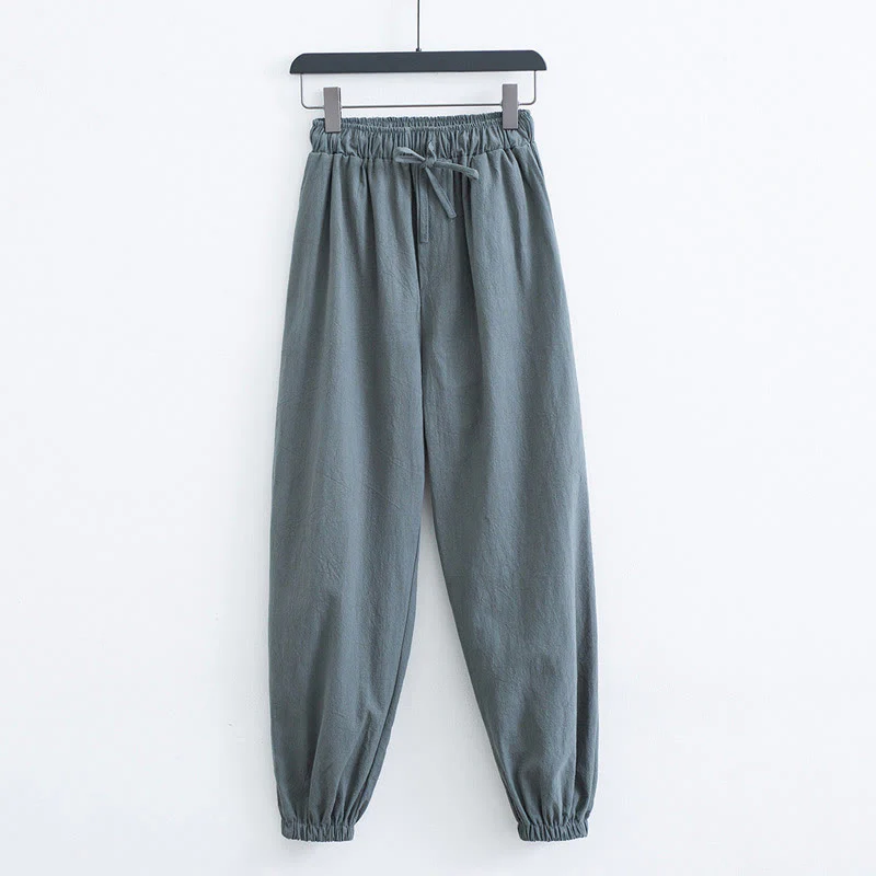 Pantaloni harem casual da uomo in cotone e lino tinta unita con tasche , Buddha Stones - Image 13
