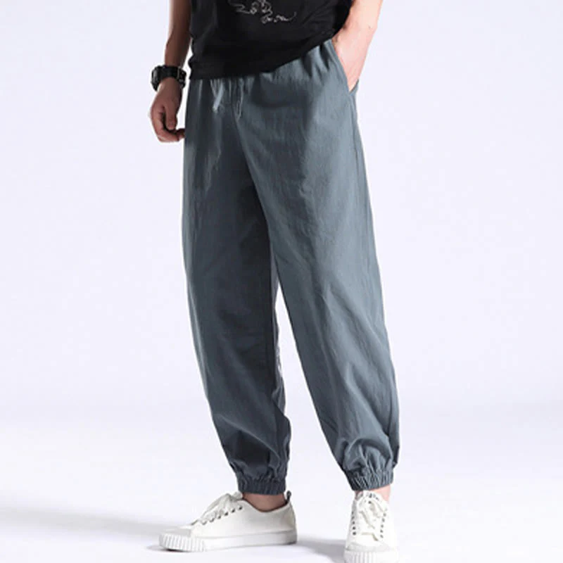 Pantaloni harem casual da uomo in cotone e lino tinta unita con tasche , Buddha Stones - Image 14