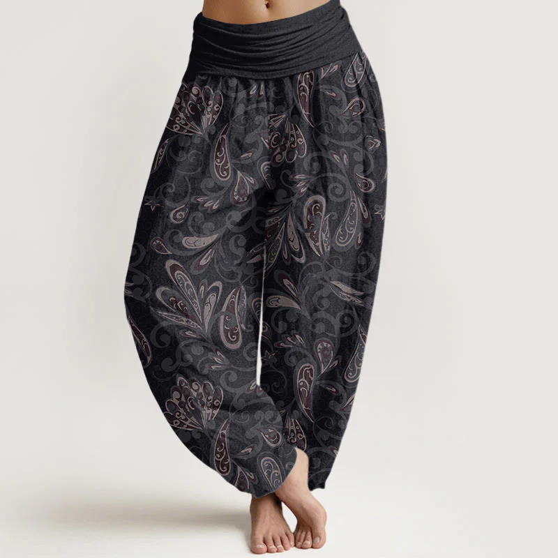 Pantaloni harem da donna in cotone con elastico in vita e motivo floreale casual con Buddha Stones