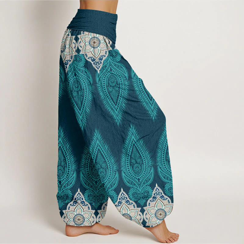 Pantaloni harem da donna con elastico in vita, in cotone, casual, con piume e fiori, motivo Buddha Stones - Image 2
