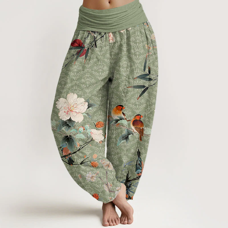 Pantaloni harem da donna con elastico in vita, motivo mandala, in cotone con uccellino silviano, rami di fiori in fiore e pietre Buddha Stones