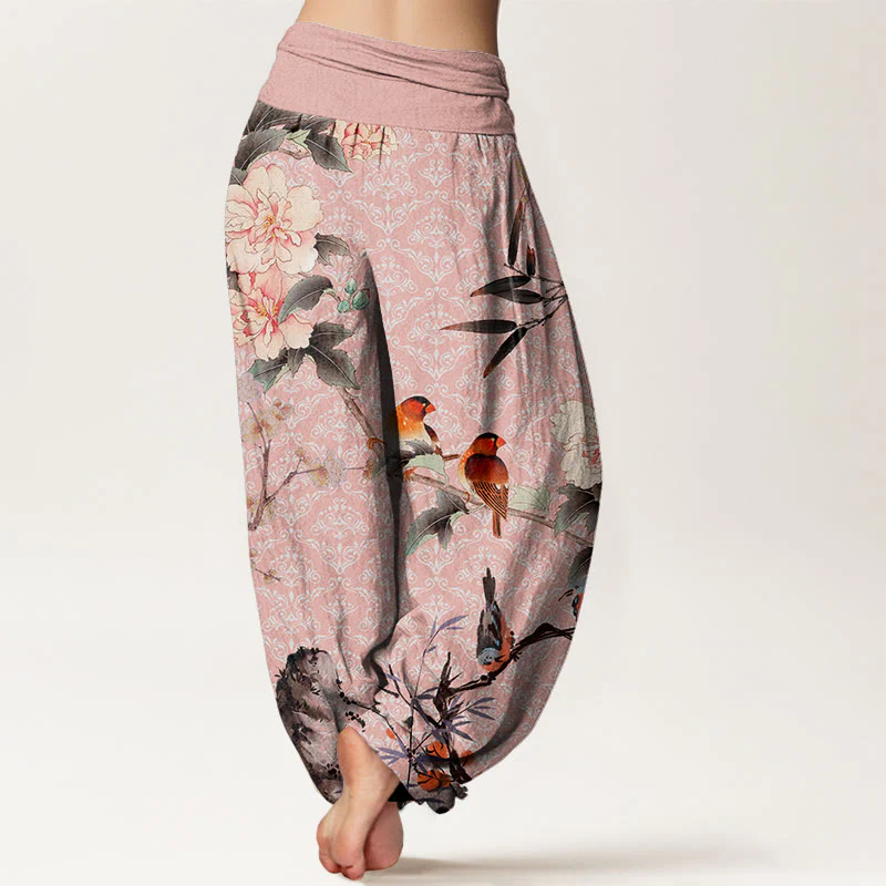 Pantaloni harem da donna con elastico in vita, motivo mandala, in cotone con uccellino silviano, rami di fiori in fiore e pietre Buddha Stones - Image 10