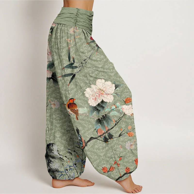 Pantaloni harem da donna con elastico in vita, motivo mandala, in cotone con uccellino silviano, rami di fiori in fiore e pietre Buddha Stones - Image 2