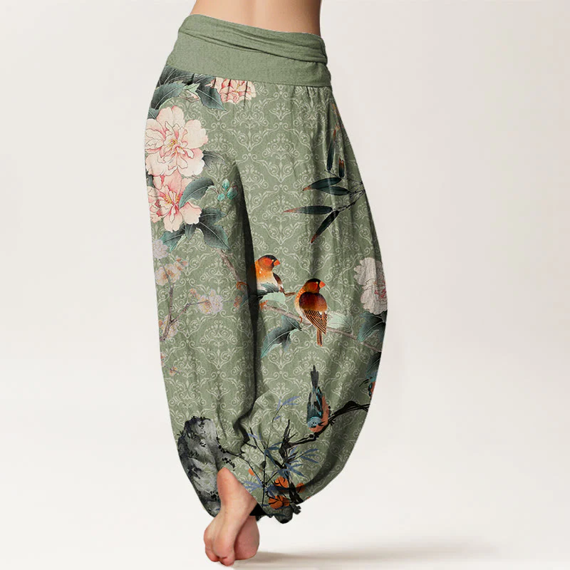 Pantaloni harem da donna con elastico in vita, motivo mandala, in cotone con uccellino silviano, rami di fiori in fiore e pietre Buddha Stones - Image 3