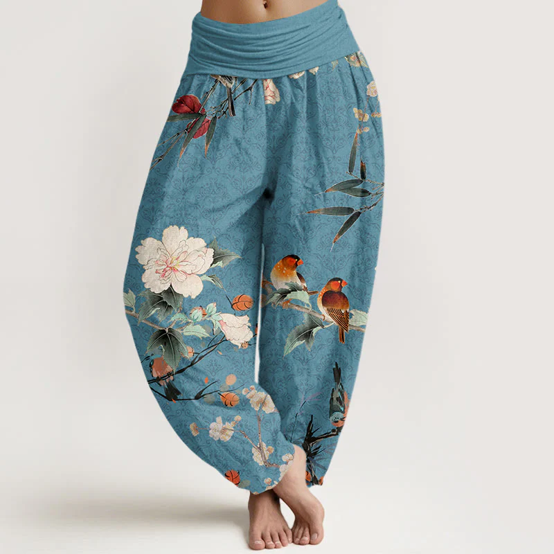 Pantaloni harem da donna con elastico in vita, motivo mandala, in cotone con uccellino silviano, rami di fiori in fiore e pietre Buddha Stones - Image 5