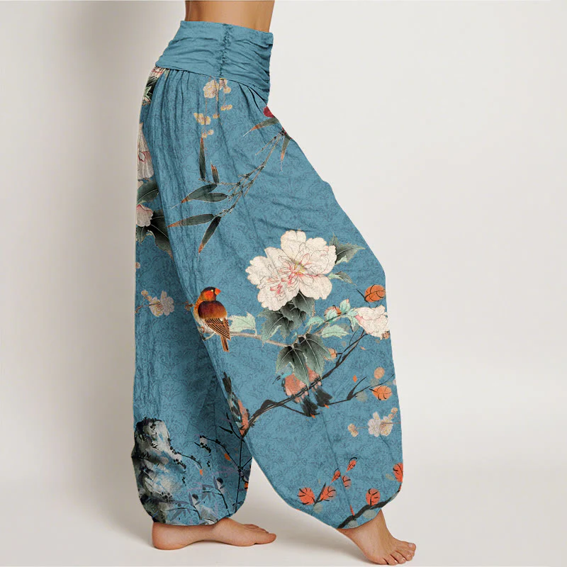 Pantaloni harem da donna con elastico in vita, motivo mandala, in cotone con uccellino silviano, rami di fiori in fiore e pietre Buddha Stones - Image 6