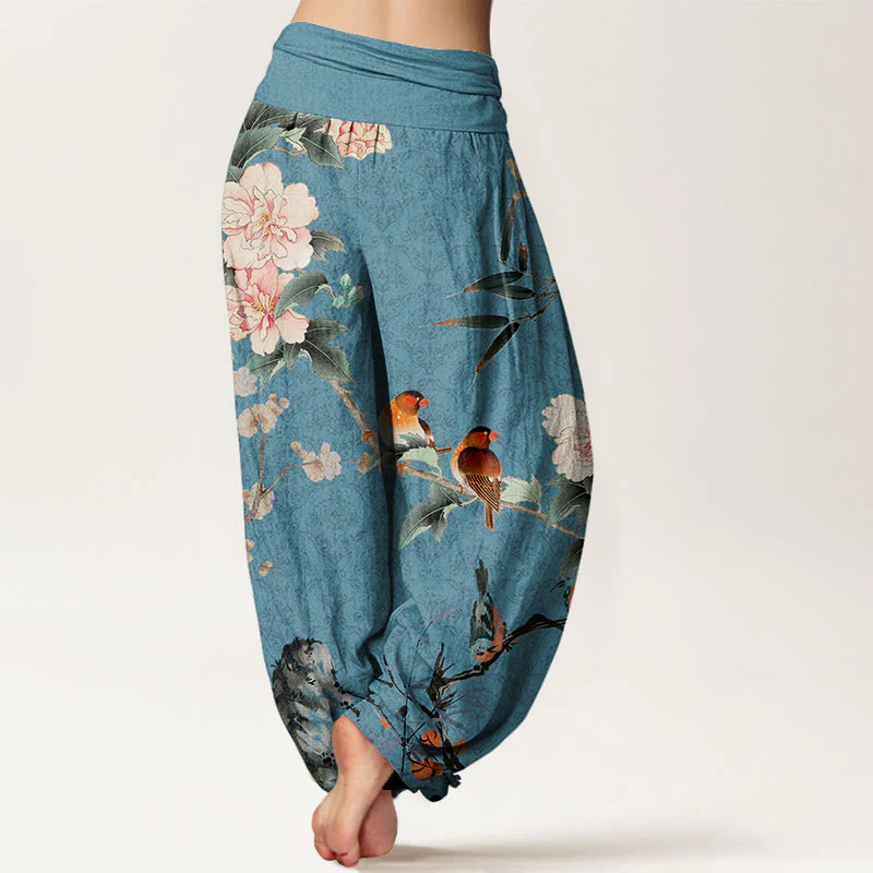 Pantaloni harem da donna con elastico in vita, motivo mandala, in cotone con uccellino silviano, rami di fiori in fiore e pietre Buddha Stones - Image 7