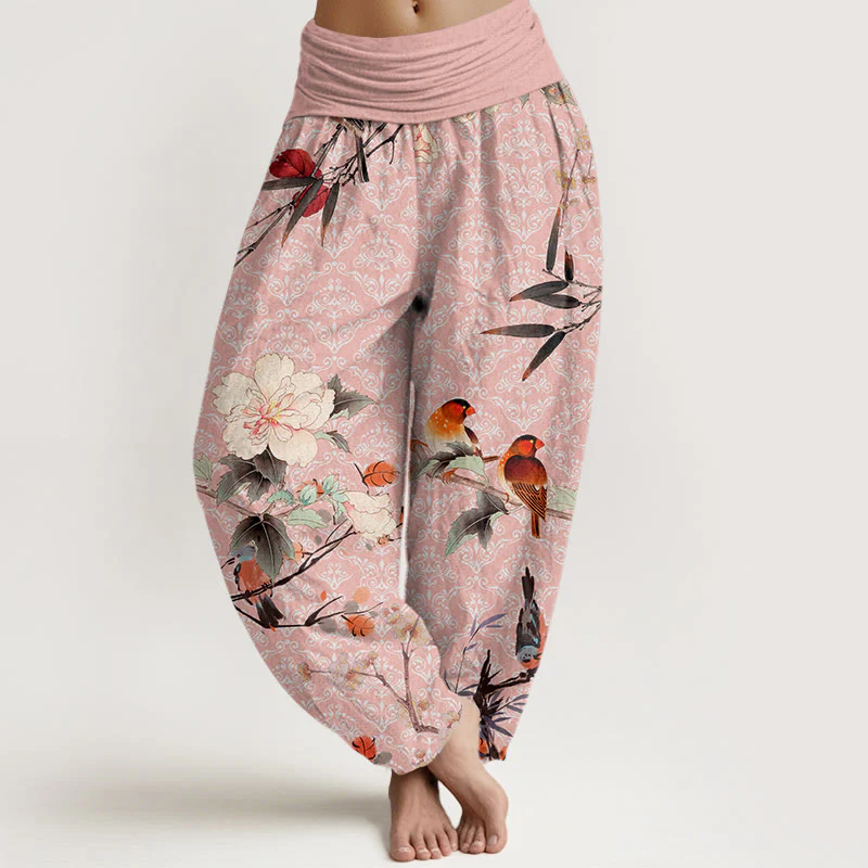 Pantaloni harem da donna con elastico in vita, motivo mandala, in cotone con uccellino silviano, rami di fiori in fiore e pietre Buddha Stones - Image 8