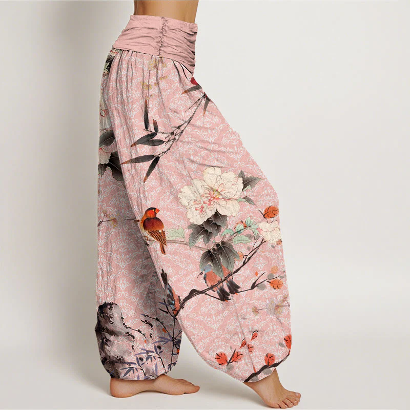 Pantaloni harem da donna con elastico in vita, motivo mandala, in cotone con uccellino silviano, rami di fiori in fiore e pietre Buddha Stones - Image 9