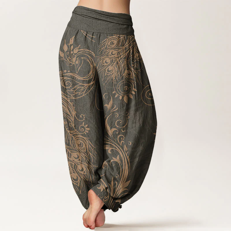Pantaloni harem da donna con elastico in vita, in cotone, casual, con motivo a pavone, motivo Buddha Stones - Image 2