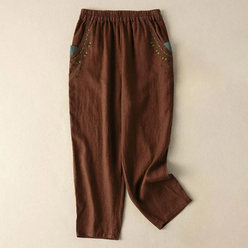 Pantaloni harem Capri con elastico in vita e tasche, ricamo vintage con Buddha Stones - Image 10
