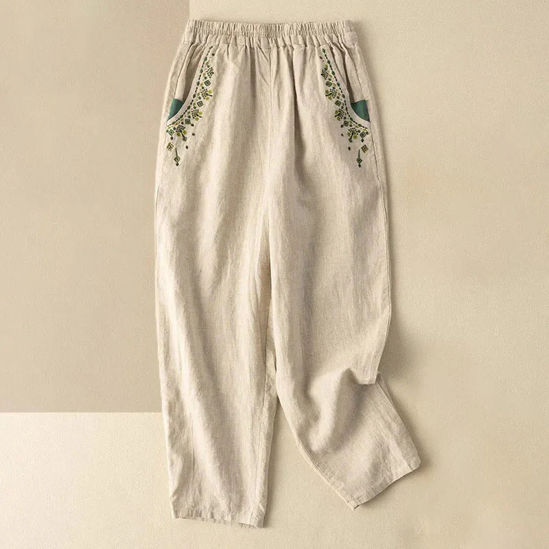 Pantaloni harem Capri con elastico in vita e tasche, ricamo vintage con Buddha Stones - Image 14