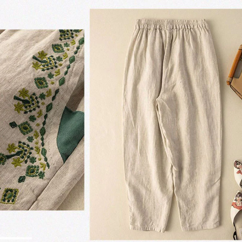 Pantaloni harem Capri con elastico in vita e tasche, ricamo vintage con Buddha Stones - Image 17