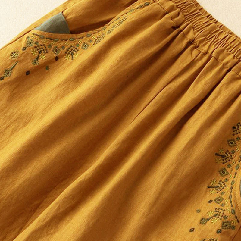 Pantaloni harem Capri con elastico in vita e tasche, ricamo vintage con Buddha Stones - Image 3
