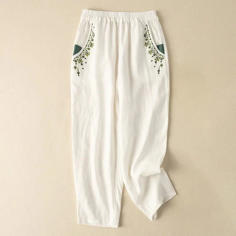 Pantaloni harem Capri con elastico in vita e tasche, ricamo vintage con Buddha Stones - Image 5