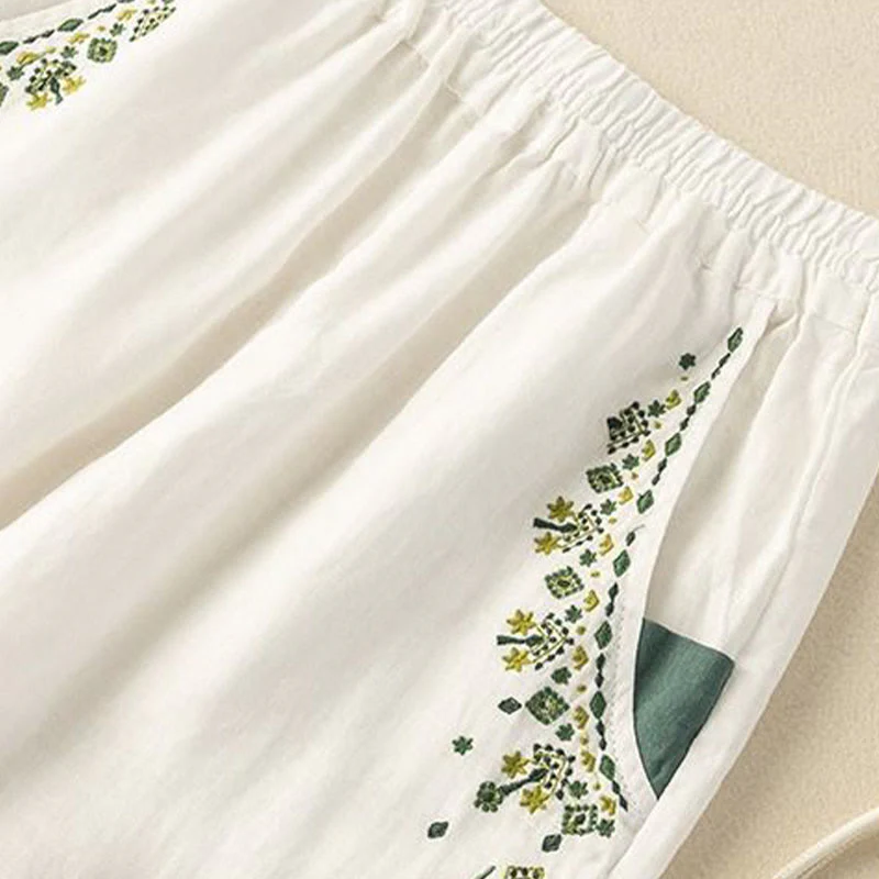 Pantaloni harem Capri con elastico in vita e tasche, ricamo vintage con Buddha Stones - Image 7