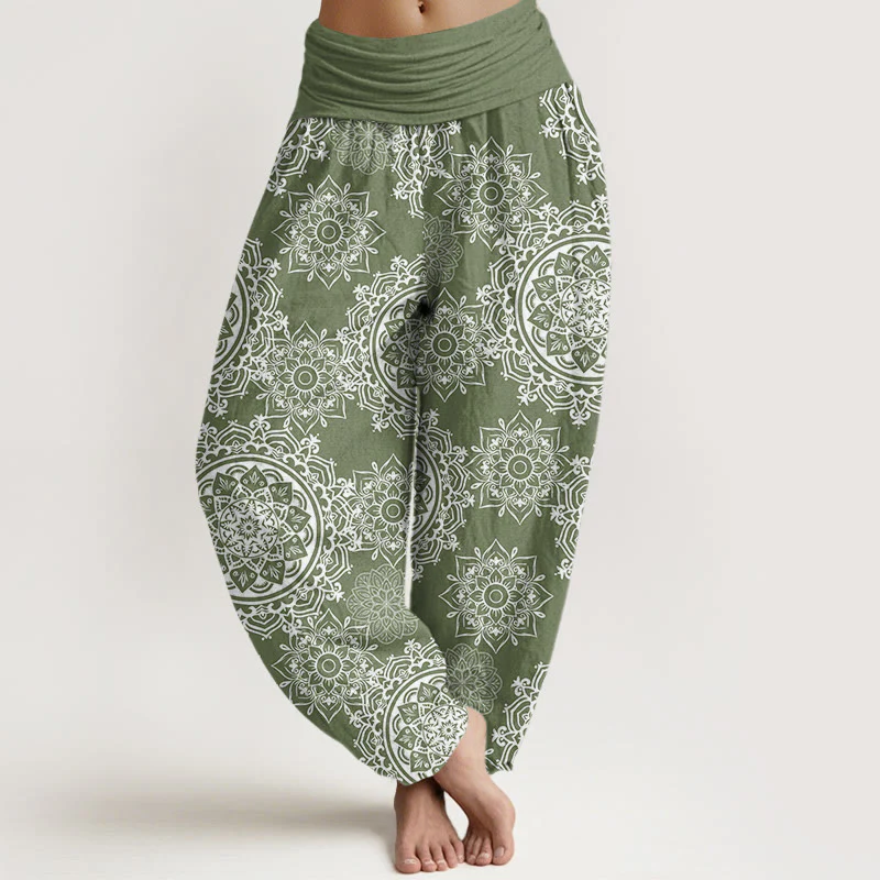 Pantaloni harem da donna con elastico in vita, in cotone, casual, con motivo mandala bianco e pietre Buddha Stones