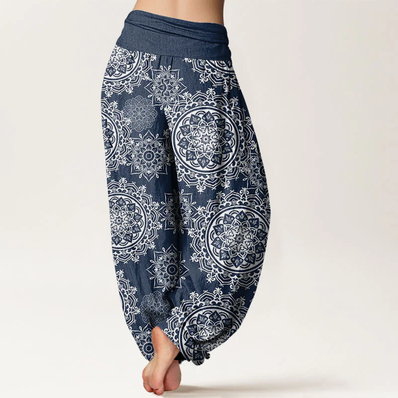Pantaloni harem da donna con elastico in vita, in cotone, casual, con motivo mandala bianco e pietre Buddha Stones - Image 10