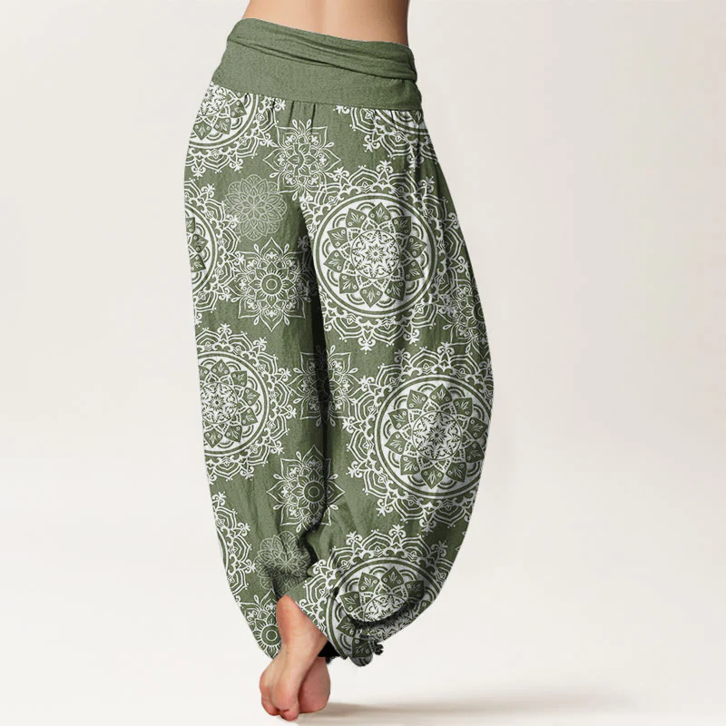 Pantaloni harem da donna con elastico in vita, in cotone, casual, con motivo mandala bianco e pietre Buddha Stones - Image 3