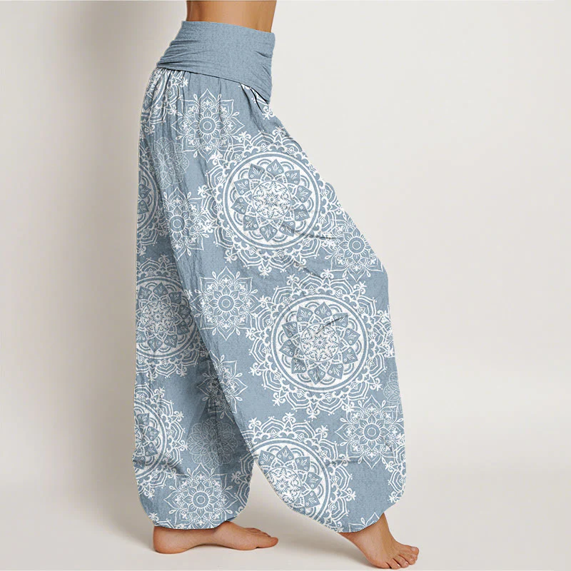 Pantaloni harem da donna con elastico in vita, in cotone, casual, con motivo mandala bianco e pietre Buddha Stones - Image 6