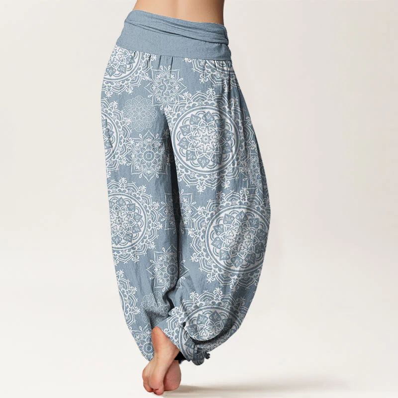 Pantaloni harem da donna con elastico in vita, in cotone, casual, con motivo mandala bianco e pietre Buddha Stones - Image 7