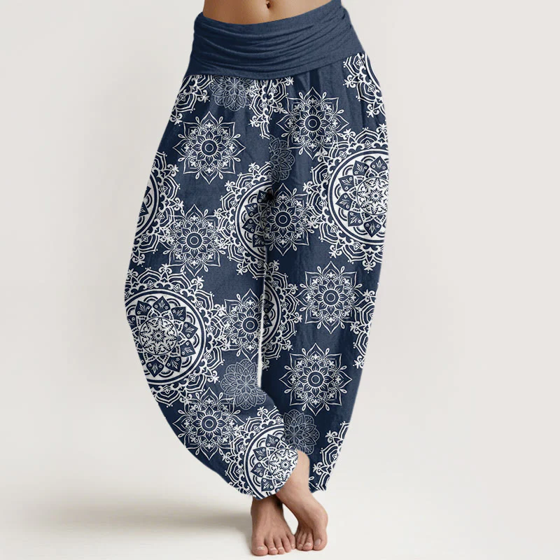 Pantaloni harem da donna con elastico in vita, in cotone, casual, con motivo mandala bianco e pietre Buddha Stones - Image 8