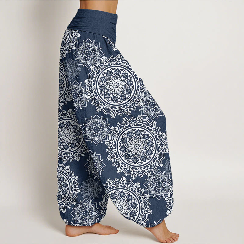 Pantaloni harem da donna con elastico in vita, in cotone, casual, con motivo mandala bianco e pietre Buddha Stones - Image 9