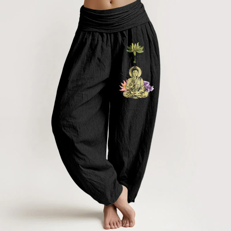 Pantaloni harem da Buddha Stones con elastico in vita, in puro cotone, con motivo tradizionale Buddha Lotus Buddha