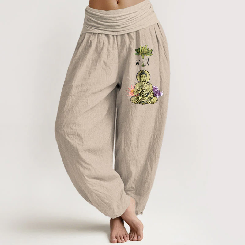 Pantaloni harem da Buddha Stones con elastico in vita, in puro cotone, con motivo tradizionale Buddha Lotus Buddha - Image 12