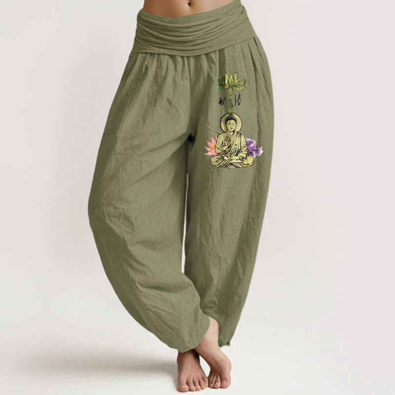 Pantaloni harem da Buddha Stones con elastico in vita, in puro cotone, con motivo tradizionale Buddha Lotus Buddha - Image 15
