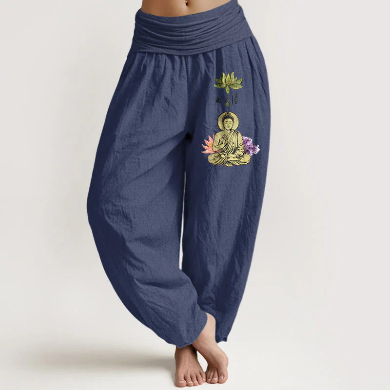 Pantaloni harem da Buddha Stones con elastico in vita, in puro cotone, con motivo tradizionale Buddha Lotus Buddha - Image 6