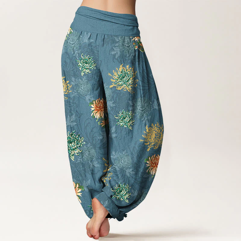 Pantaloni harem da Buddha Stones con elastico in vita, motivo crisantemo, in cotone, vari colori - Image 2