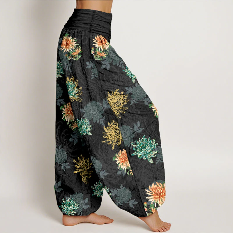 Pantaloni harem da Buddha Stones con elastico in vita, motivo crisantemo, in cotone, vari colori - Image 8
