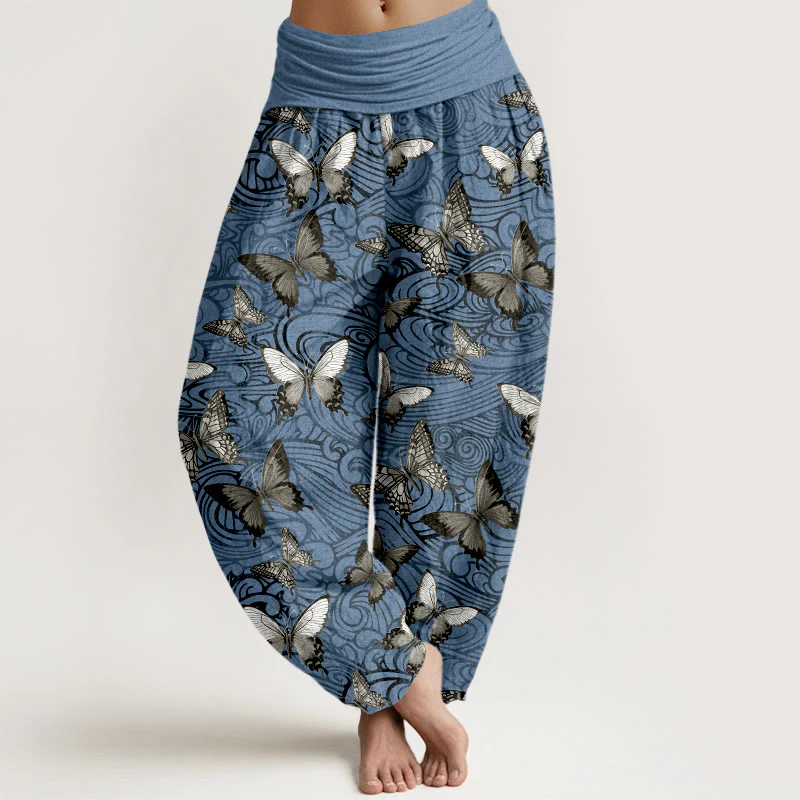 Pantaloni harem da donna con elastico in vita, a righe, grigi e neri, in puro cotone, con motivo a farfalla , Buddha Stones - Image 6