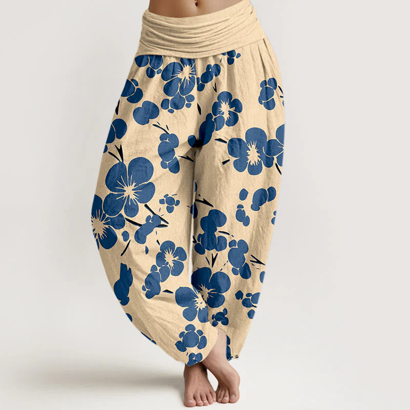 Pantaloni harem da donna con elastico in vita e fiori in puro cotone con Buddha Stones