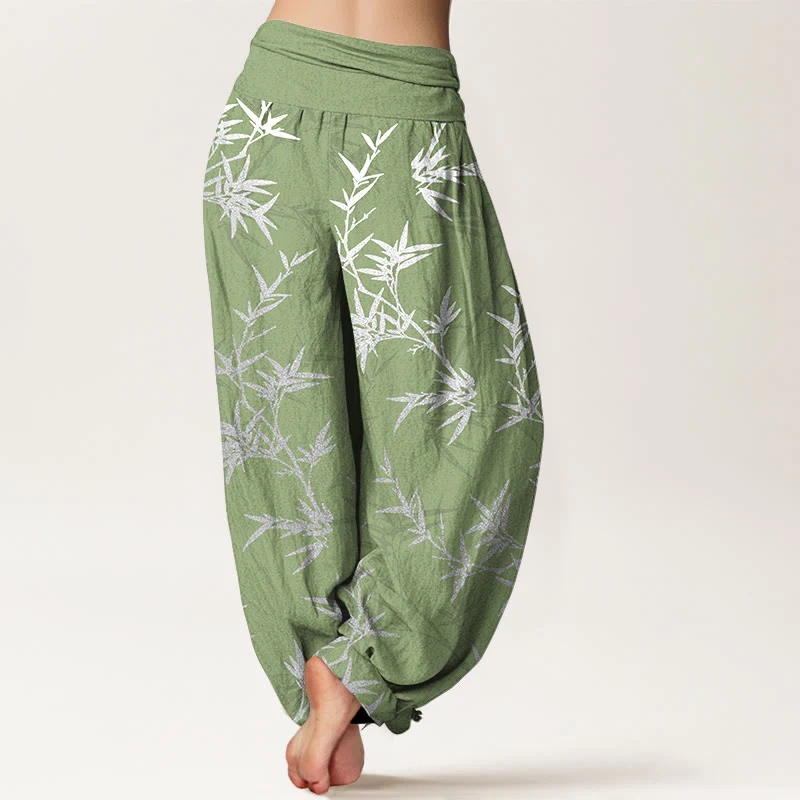 Pantaloni harem da donna con elastico in vita e foglie di bambù bianche in puro cotone Buddha Stones - Image 10