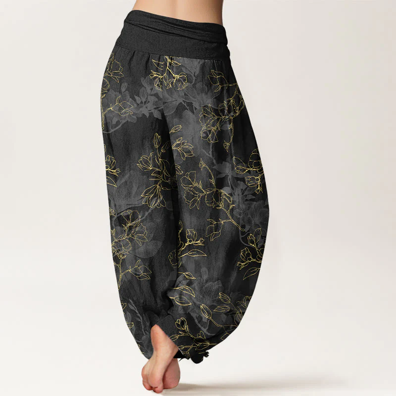Pantaloni harem da donna con elastico in vita e motivo a boccioli di fiori freschi in cotone con Buddha Stones - Image 7