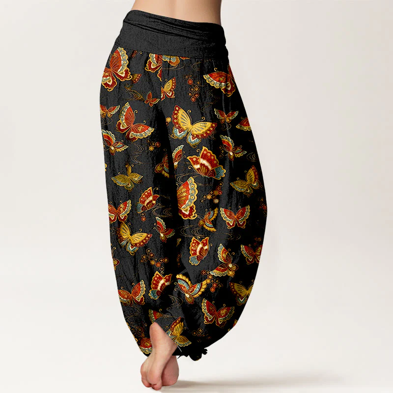 Pantaloni harem da donna con elastico in vita e motivo a farfalla colorata in cotone Buddha Stones - Image 2