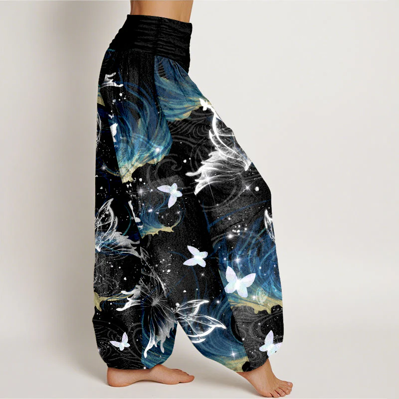 Pantaloni harem da donna con elastico in vita e motivo a farfalla in puro cotone Buddha Stones - Image 3