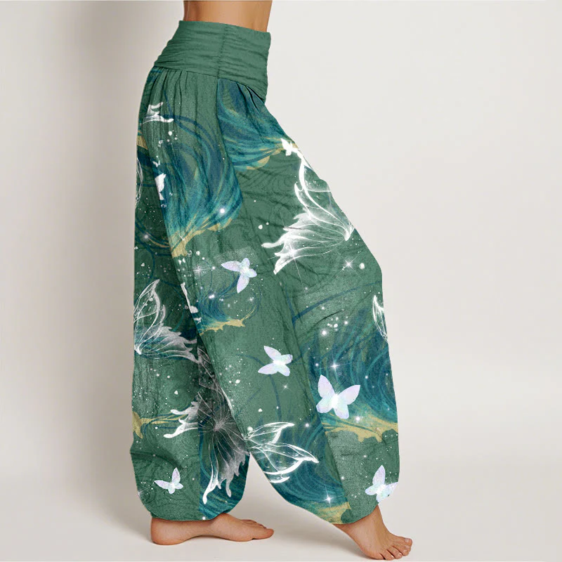 Pantaloni harem da donna con elastico in vita e motivo a farfalla in puro cotone Buddha Stones - Image 8