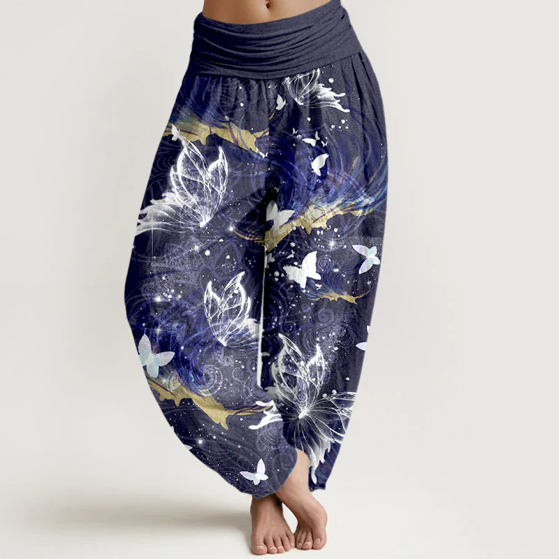 Pantaloni harem da donna con elastico in vita e motivo a farfalla in puro cotone Buddha Stones - Image 9