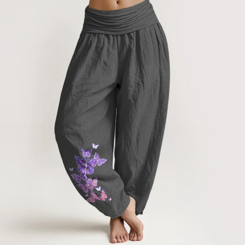 Pantaloni harem da donna con elastico in vita e motivo a farfalla in puro cotone color pastello Buddha Stones