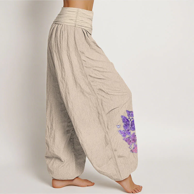 Pantaloni harem da donna con elastico in vita e motivo a farfalla in puro cotone color pastello Buddha Stones - Image 14