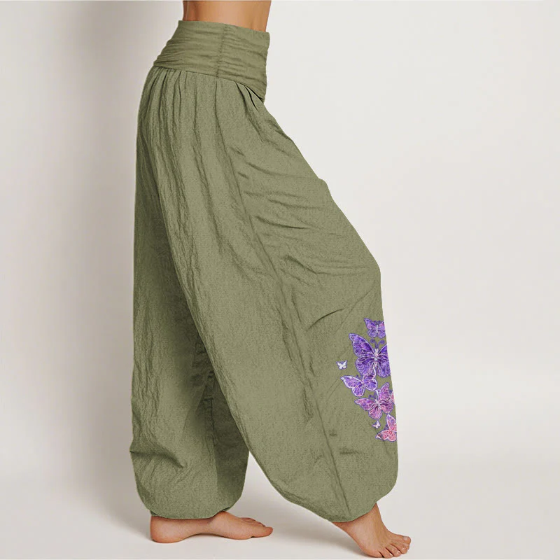 Pantaloni harem da donna con elastico in vita e motivo a farfalla in puro cotone color pastello Buddha Stones - Image 17