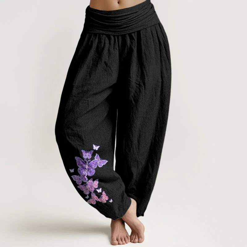 Pantaloni harem da donna con elastico in vita e motivo a farfalla in puro cotone color pastello Buddha Stones - Image 6