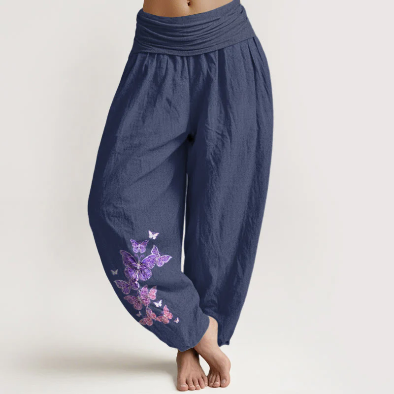 Pantaloni harem da donna con elastico in vita e motivo a farfalla in puro cotone color pastello Buddha Stones - Image 9