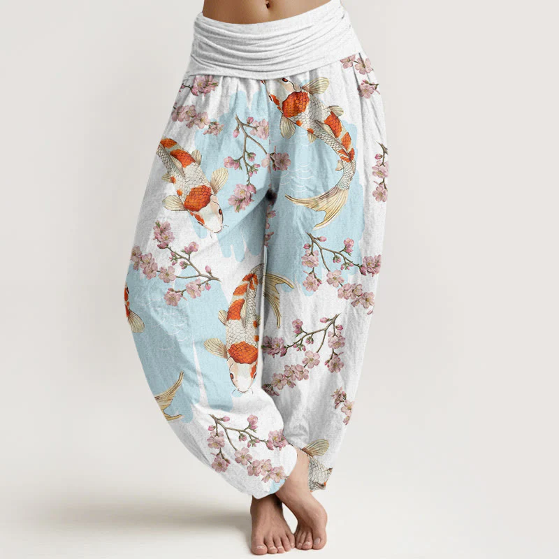 Pantaloni harem da donna con elastico in vita, in cotone, casual, motivo con pesci koi e fiori di ciliegio, motivo Buddha Stones