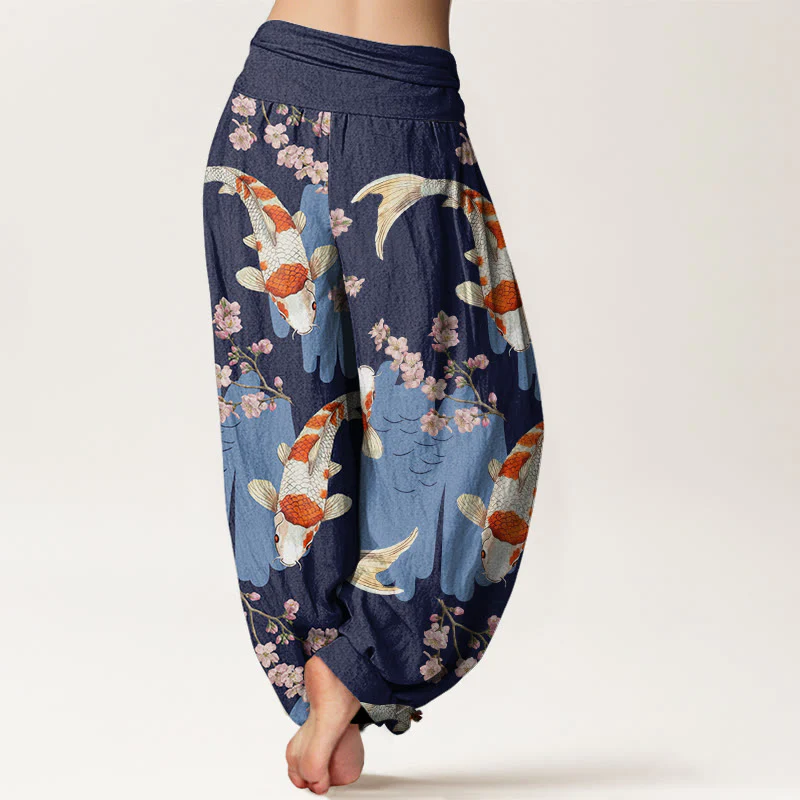 Pantaloni harem da donna con elastico in vita, in cotone, casual, motivo con pesci koi e fiori di ciliegio, motivo Buddha Stones - Image 10